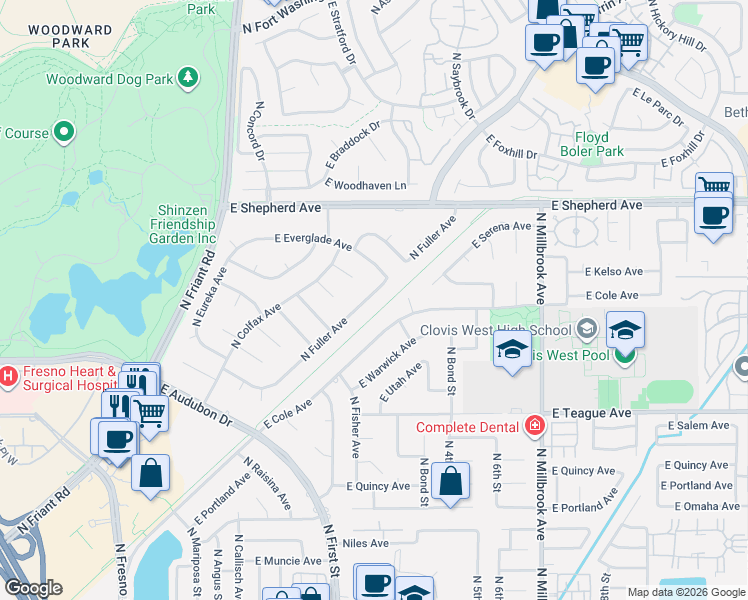 map of restaurants, bars, coffee shops, grocery stores, and more near 8708 North Fuller Avenue in Fresno