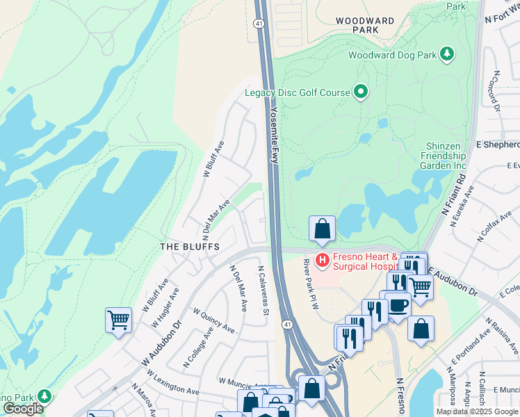 map of restaurants, bars, coffee shops, grocery stores, and more near 8680 North Glenn Avenue in Fresno