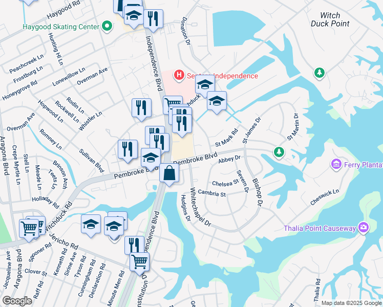 map of restaurants, bars, coffee shops, grocery stores, and more near 4504 Whitechapel Court in Virginia Beach
