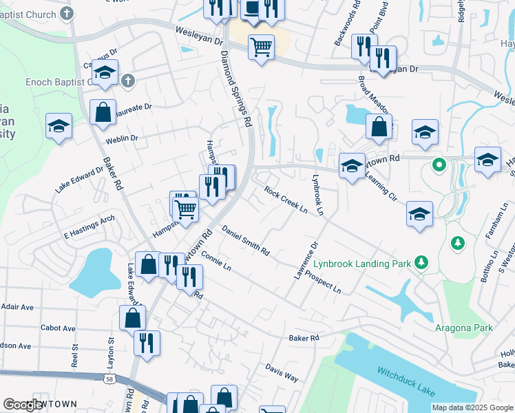 map of restaurants, bars, coffee shops, grocery stores, and more near 705 Rocky Run Court in Virginia Beach