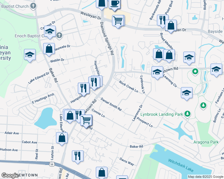 map of restaurants, bars, coffee shops, grocery stores, and more near 705 Rocky Run Court in Virginia Beach