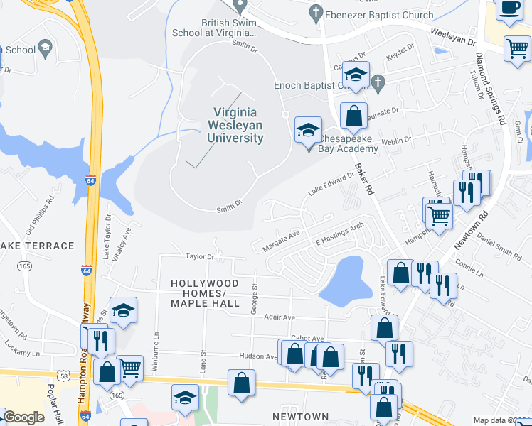 map of restaurants, bars, coffee shops, grocery stores, and more near 5969 Blackpoole Lane in Virginia Beach