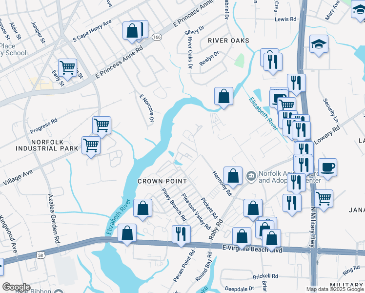 map of restaurants, bars, coffee shops, grocery stores, and more near 5544 Quill Road in Norfolk