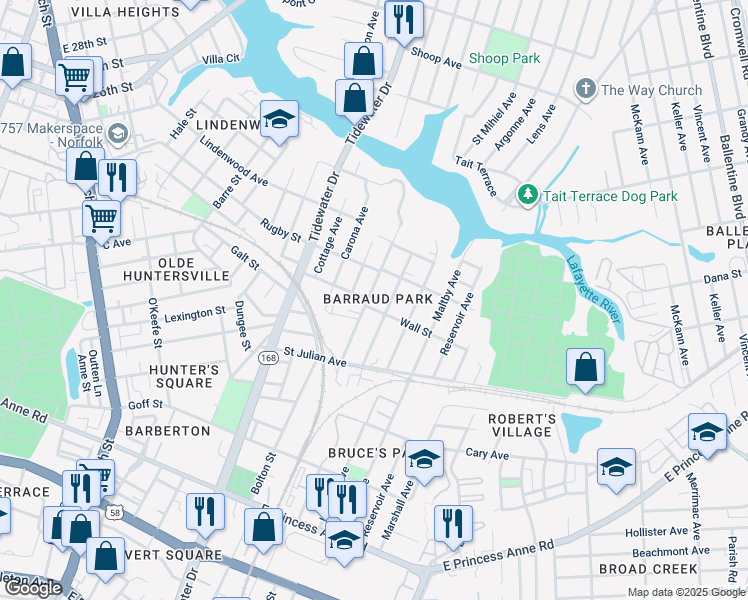 map of restaurants, bars, coffee shops, grocery stores, and more near 2240 Barraud Avenue in Norfolk