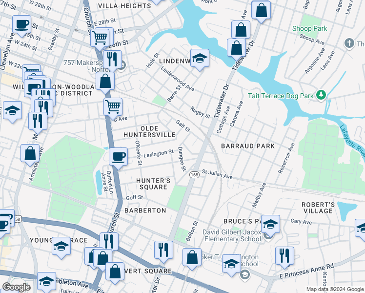 map of restaurants, bars, coffee shops, grocery stores, and more near 1029 Barney Street in Norfolk