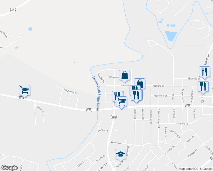 map of restaurants, bars, coffee shops, grocery stores, and more near 3099 Seminole Drive in Hopkinsville