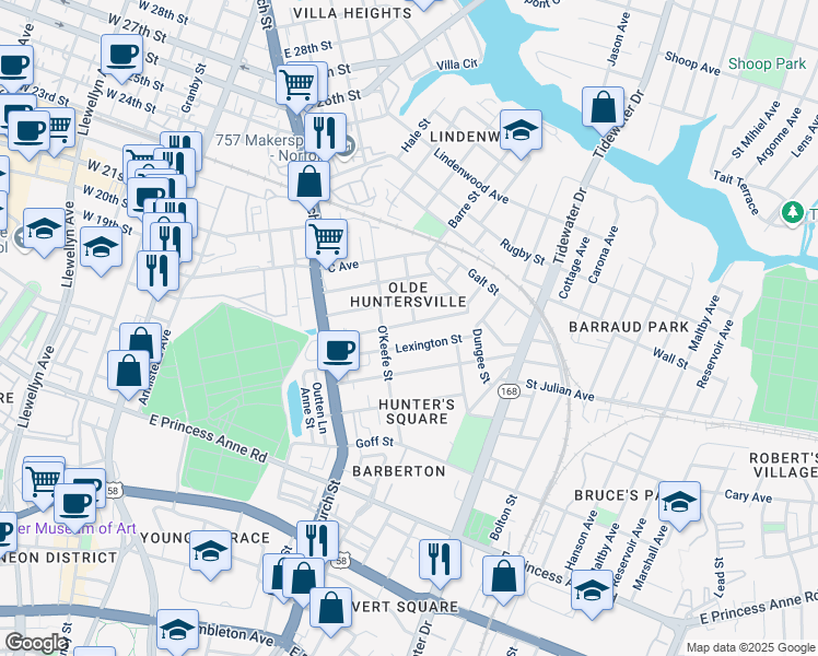 map of restaurants, bars, coffee shops, grocery stores, and more near 835 Fremont Street in Norfolk