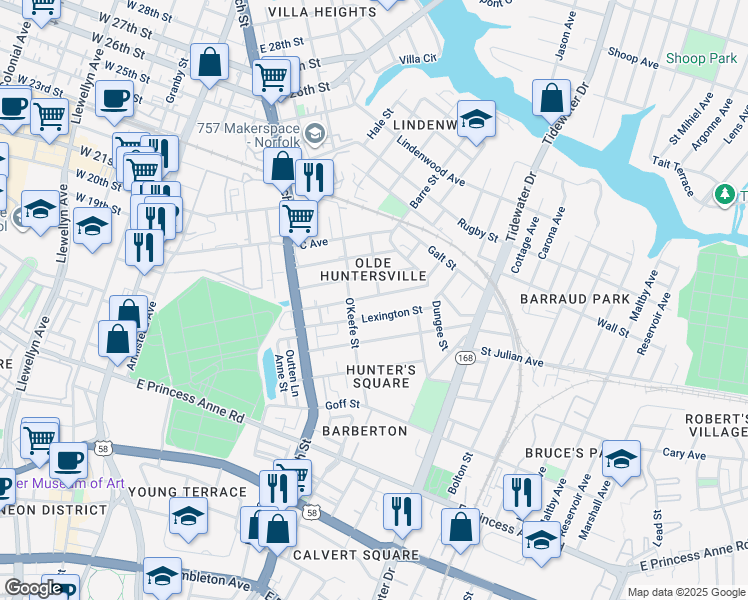 map of restaurants, bars, coffee shops, grocery stores, and more near 835 Fremont Street in Norfolk