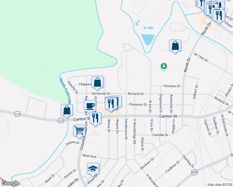 map of restaurants, bars, coffee shops, grocery stores, and more near 120-300 Indian Trail in Hopkinsville