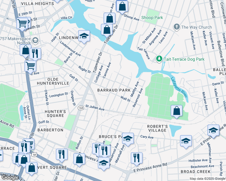 map of restaurants, bars, coffee shops, grocery stores, and more near 2240 Barraud Avenue in Norfolk
