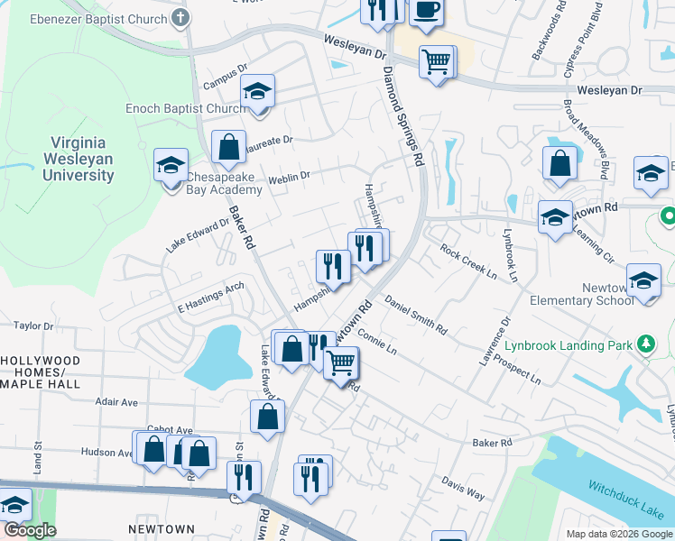 map of restaurants, bars, coffee shops, grocery stores, and more near 700 Atterbury Court in Virginia Beach