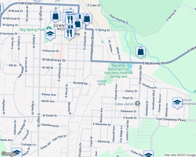 map of restaurants, bars, coffee shops, grocery stores, and more near 453 Park Street in Neosho