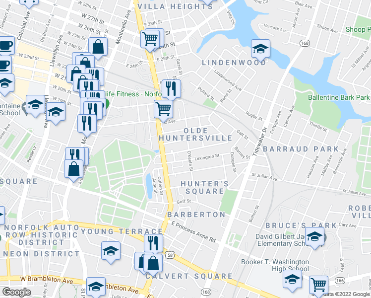 map of restaurants, bars, coffee shops, grocery stores, and more near 766 Fremont Street in Norfolk