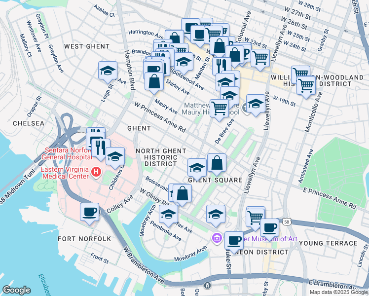 map of restaurants, bars, coffee shops, grocery stores, and more near 523 Westover Avenue in Norfolk