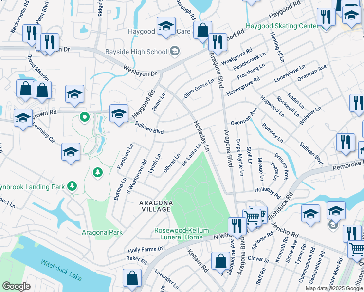 map of restaurants, bars, coffee shops, grocery stores, and more near 749 Olivieri Lane in Virginia Beach