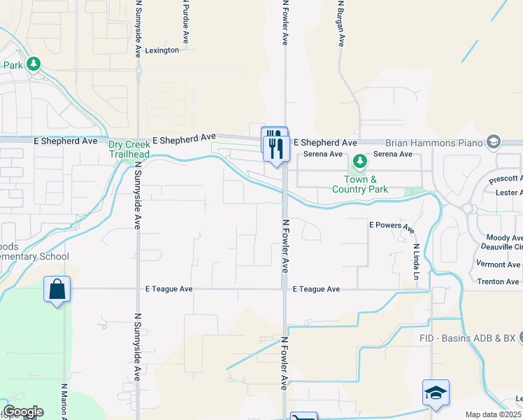 map of restaurants, bars, coffee shops, grocery stores, and more near 1734 Lester Avenue in Clovis