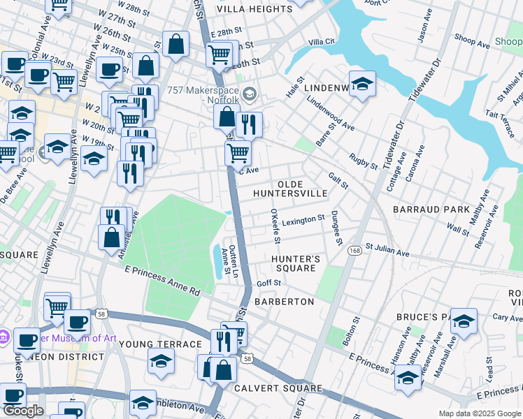 map of restaurants, bars, coffee shops, grocery stores, and more near 746 Fremont Street in Norfolk