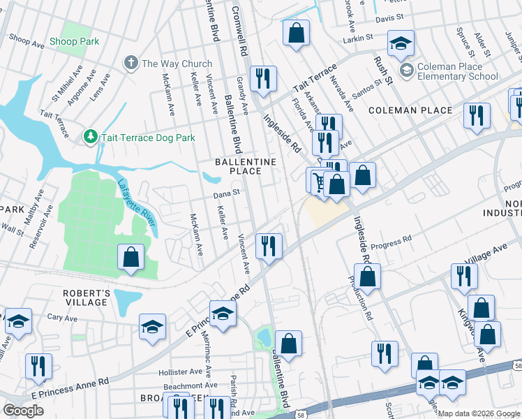 map of restaurants, bars, coffee shops, grocery stores, and more near 2303 Grandy Avenue in Norfolk