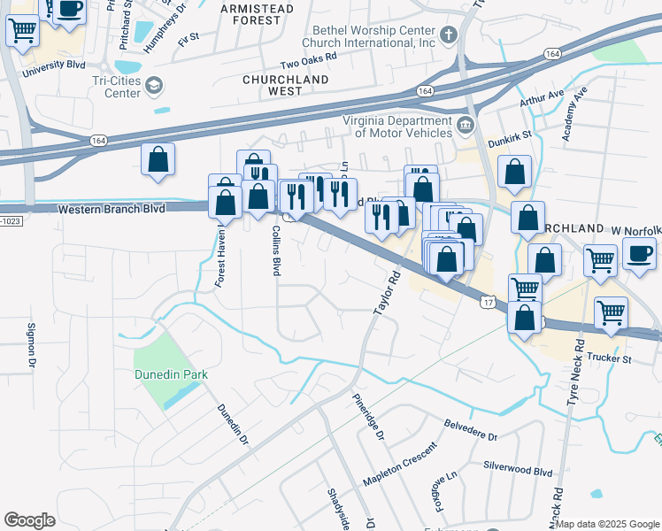 map of restaurants, bars, coffee shops, grocery stores, and more near 4404 Ashland Drive in Chesapeake