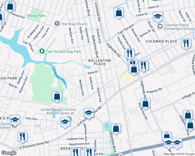 map of restaurants, bars, coffee shops, grocery stores, and more near 2318 Vincent Avenue in Norfolk