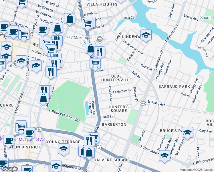 map of restaurants, bars, coffee shops, grocery stores, and more near 774 Lexington Street in Norfolk