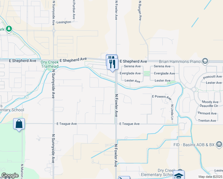 map of restaurants, bars, coffee shops, grocery stores, and more near 8733 North Fowler Avenue in Clovis