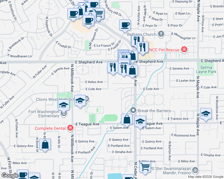 map of restaurants, bars, coffee shops, grocery stores, and more near 8735 North Cedar Avenue in Fresno