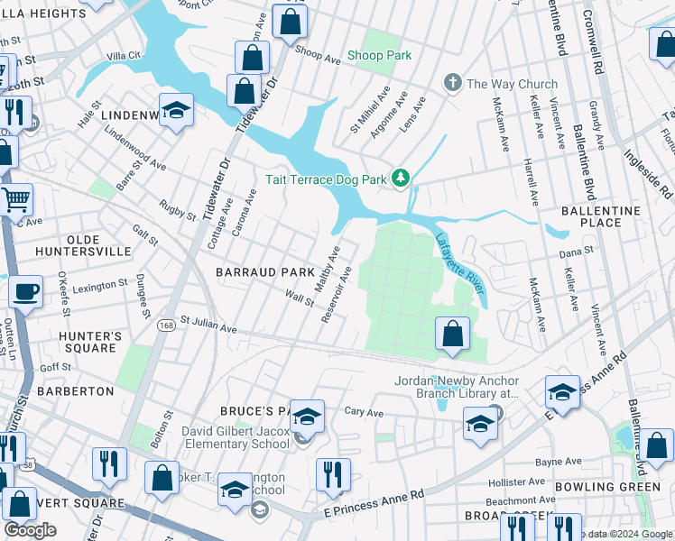 map of restaurants, bars, coffee shops, grocery stores, and more near 2326 Reservoir Avenue in Norfolk
