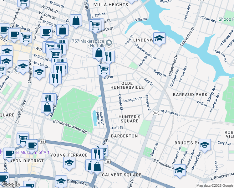 map of restaurants, bars, coffee shops, grocery stores, and more near 774 Lexington Street in Norfolk
