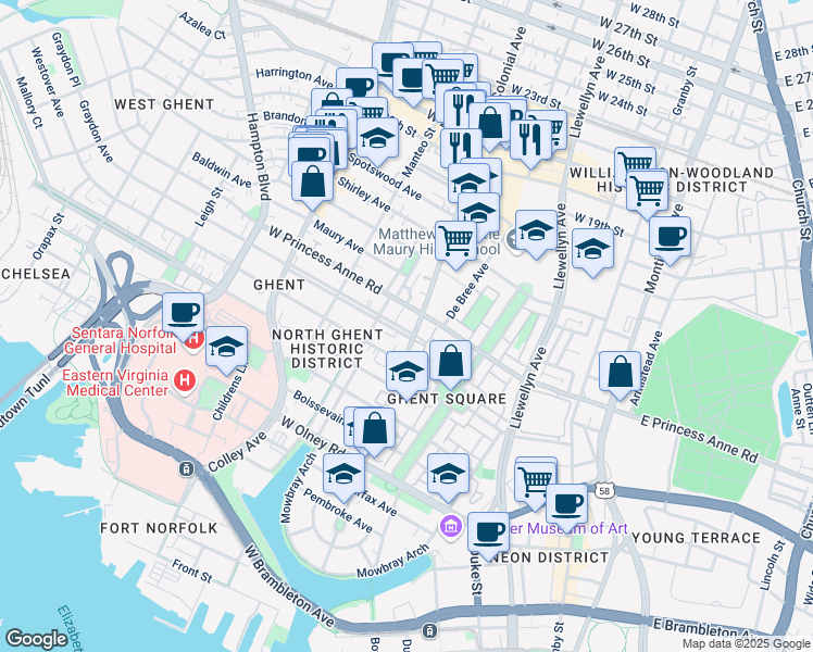 map of restaurants, bars, coffee shops, grocery stores, and more near 1014 Colonial Avenue in Norfolk