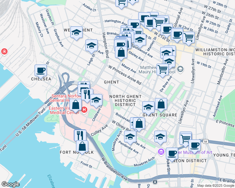 map of restaurants, bars, coffee shops, grocery stores, and more near in Norfolk