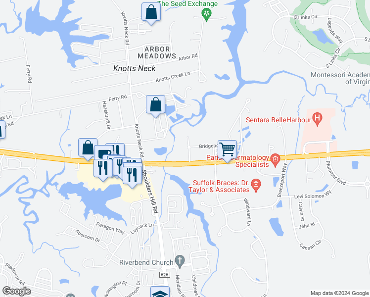 map of restaurants, bars, coffee shops, grocery stores, and more near 3790 Bridge Road in Suffolk