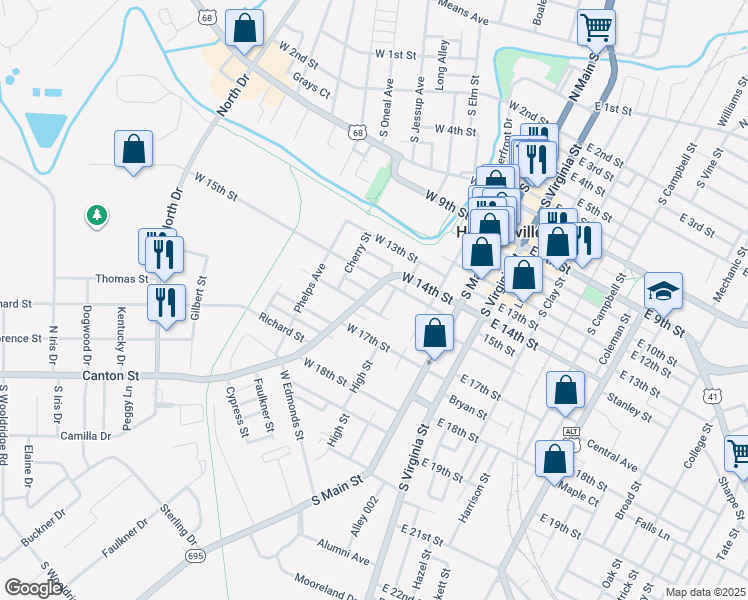 map of restaurants, bars, coffee shops, grocery stores, and more near 400-498 W 17th St in Hopkinsville