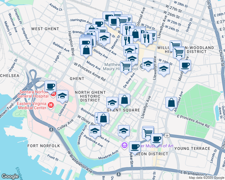map of restaurants, bars, coffee shops, grocery stores, and more near 524 Graydon Avenue in Norfolk