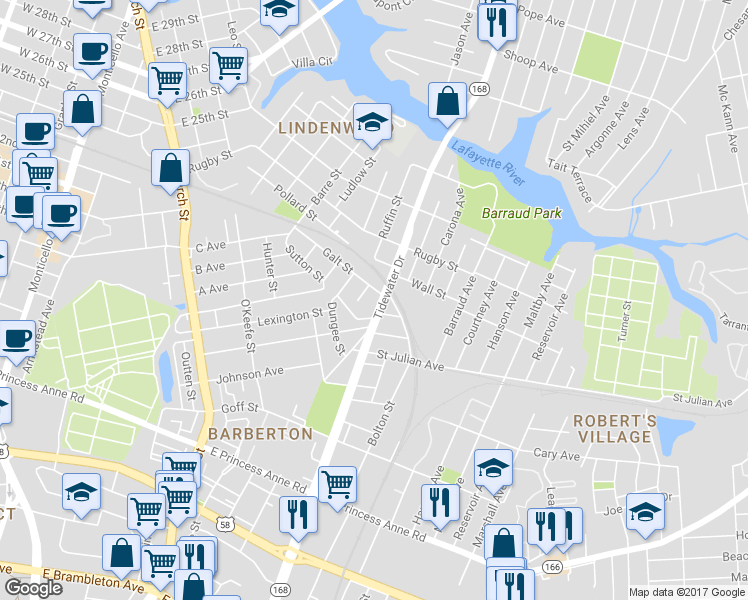 map of restaurants, bars, coffee shops, grocery stores, and more near 1821 Tidewater Drive in Norfolk