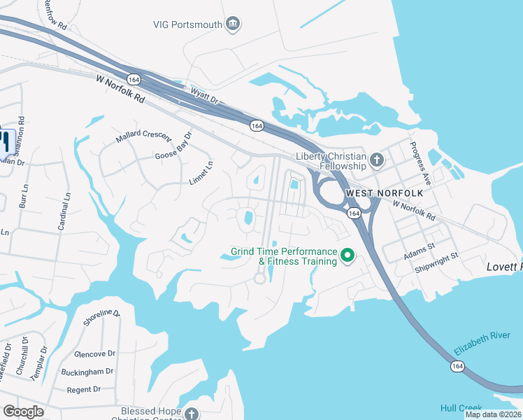 map of restaurants, bars, coffee shops, grocery stores, and more near 3806 Banister River Reach in Portsmouth