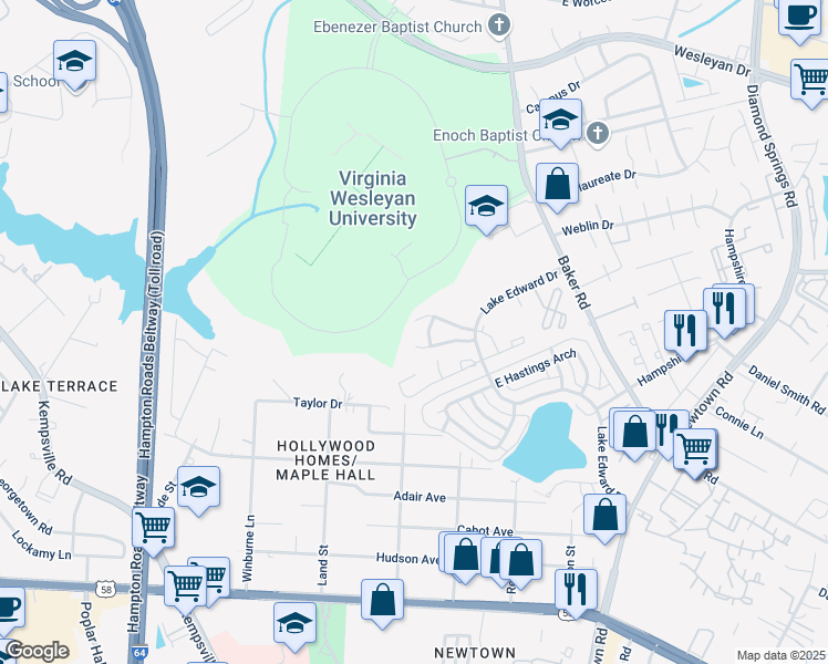 map of restaurants, bars, coffee shops, grocery stores, and more near 5969 Blackpoole Lane in Virginia Beach