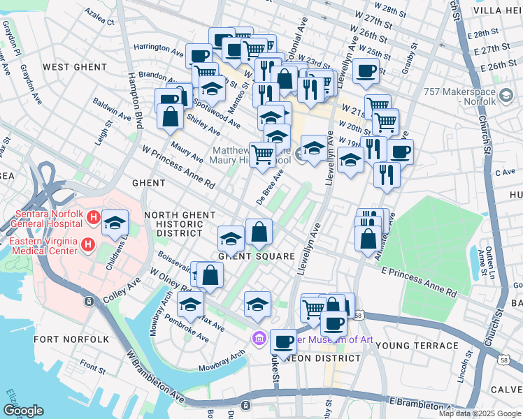 map of restaurants, bars, coffee shops, grocery stores, and more near 432 West Princess Anne Road in Norfolk