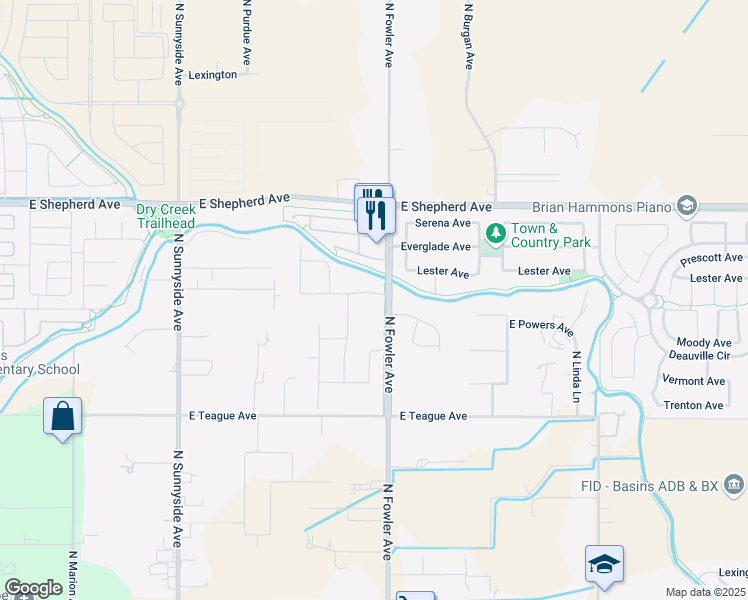 map of restaurants, bars, coffee shops, grocery stores, and more near 8733 North Fowler Avenue in Clovis