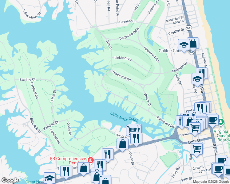 map of restaurants, bars, coffee shops, grocery stores, and more near 126 Pinewood Road in Virginia Beach