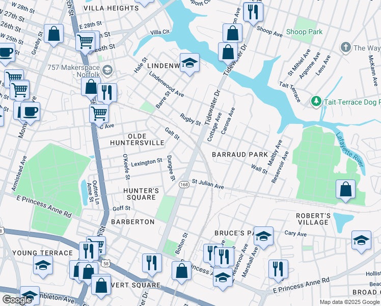 map of restaurants, bars, coffee shops, grocery stores, and more near 1821 Tidewater Drive in Norfolk