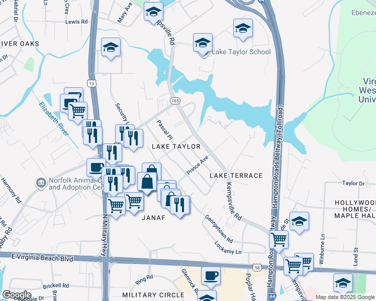 map of restaurants, bars, coffee shops, grocery stores, and more near 1221 Jarrett Road in Norfolk