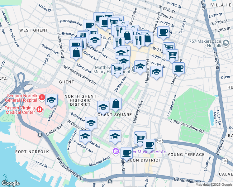 map of restaurants, bars, coffee shops, grocery stores, and more near 432 West Princess Anne Road in Norfolk
