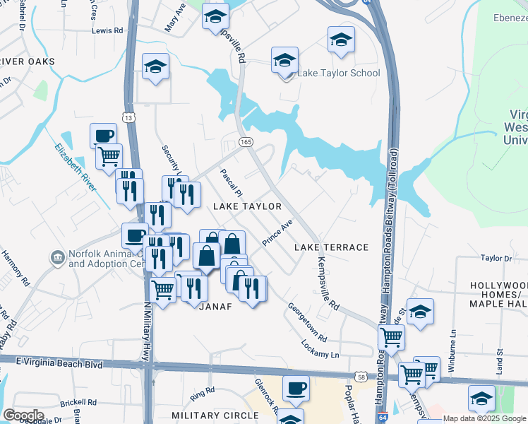 map of restaurants, bars, coffee shops, grocery stores, and more near 1221 Jarrett Road in Norfolk
