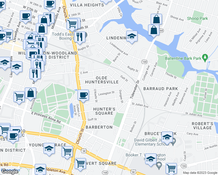 map of restaurants, bars, coffee shops, grocery stores, and more near 877 Fremont Street in Norfolk