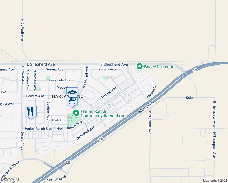 map of restaurants, bars, coffee shops, grocery stores, and more near 1821 North Langley Avenue in Clovis