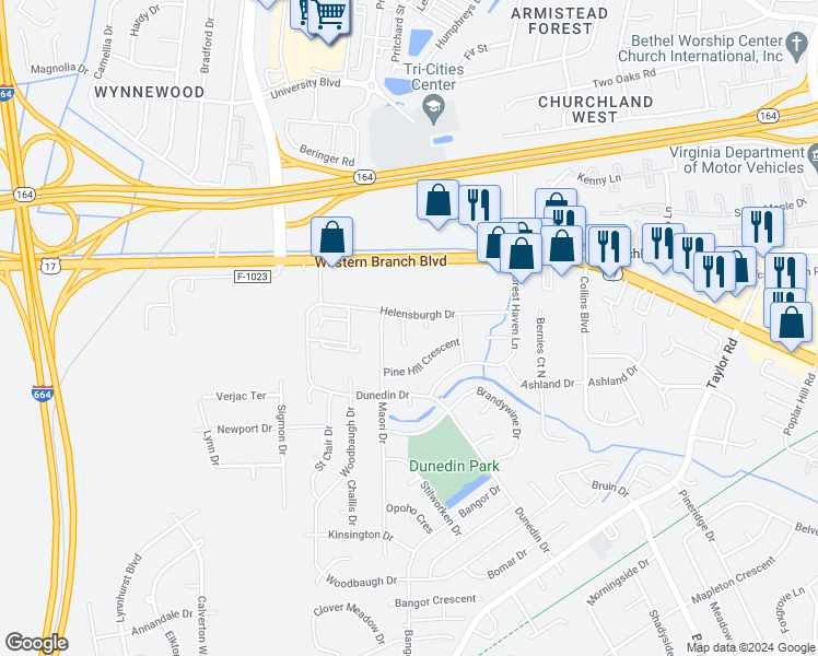 map of restaurants, bars, coffee shops, grocery stores, and more near 3505 Avondale Court in Chesapeake