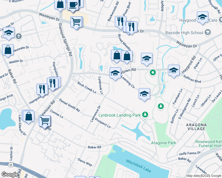 map of restaurants, bars, coffee shops, grocery stores, and more near 724 Glenshire Drive in Virginia Beach