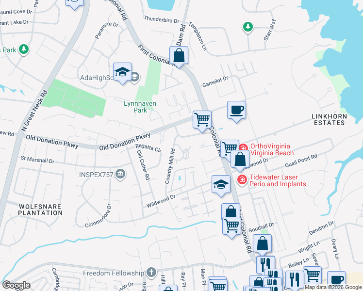map of restaurants, bars, coffee shops, grocery stores, and more near 1020 Autumn Woods Lane in Virginia Beach