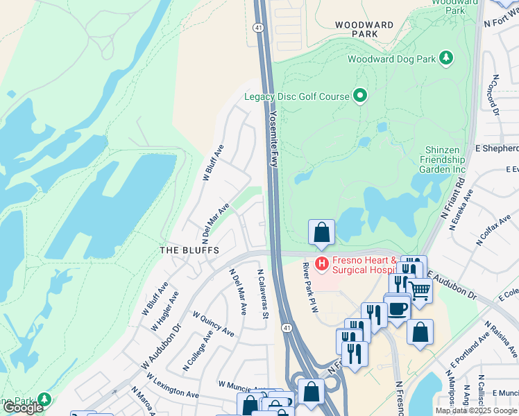 map of restaurants, bars, coffee shops, grocery stores, and more near 8680 North Glenn Avenue in Fresno